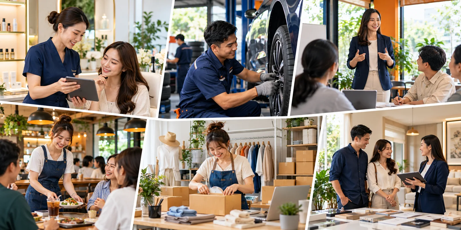ภาพรวมหลายประเภทธุรกิจ ได้แก่ ความงาม ศูนย์บริการรถยนต์ การศึกษา ร้านอาหาร อีคอมเมิร์ซ และอสังหาริมทรัพย์