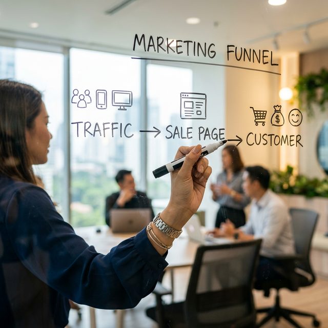 แผนผังรูปกรวยการขาย (Marketing Funnel) ชี้มาที่ Sale Page