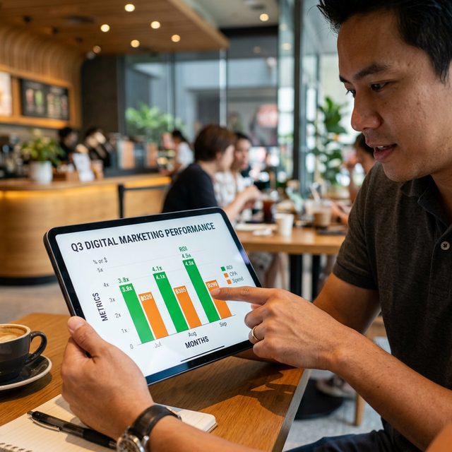 นักการตลาดชี้ไปที่กราฟ ROAS และ CPA