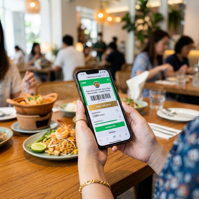 หน้าจอมือถือลูกค้าร้านอาหาร ดูแต้มสะสมผ่าน LINE OA CRM